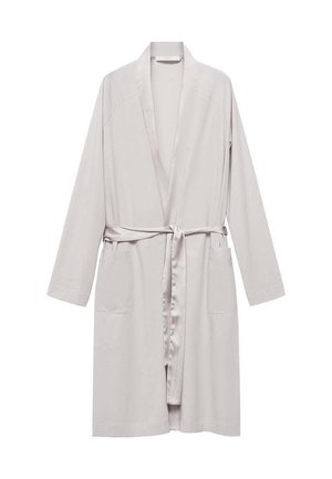 Ljusgrå kimono med långa ärmar, tillverkad av mjukt tyg. Har ett bälte i midjan och två framfickor. Ren, minimal design.