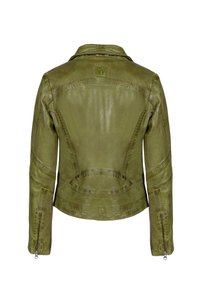 Olivgrüne Lederjacke mit figurbetontem Schnitt, ausgestattet mit Reißverschlussdetails an den Ärmeln, strukturiertem Finish und gesteppten Akzenten auf dem Rücken.