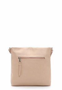 Borsa a tracolla in pelle beige con una texture liscia, dotata di una tasca con zip frontale e di una tracolla regolabile. Design rettangolare semplice.