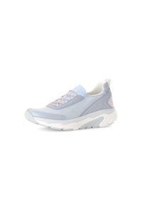 Hellblaue Sport sneaker mit oberem Textilstrick, elastischem Schnürsystem, gepolsteter Sohle und zartrosa Akzenten. Leichtes Design.