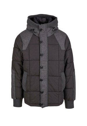 Chaqueta de plumas acolchada en negro y gris. Presenta un cuello alto, cierre de botones, puños acanalados y bolsillos con paneles de hombro en gris contrastante.