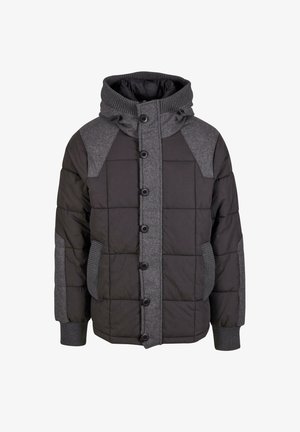 Jakna s puhanjem u crnoj i sivoj boji. Ima visoki ovratnik, prednje dugme, rebraste manžete i džepove s kontrastnim sivim ramenim panelima.