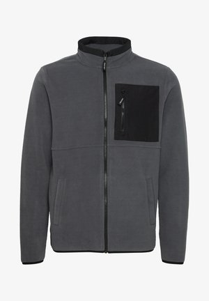 Gray fleece jacket with a high collar, zip-front, and black chest pocket. Features side pockets and contrasting black accents at the hem and cuffs.