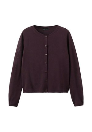 Cárdigan de punto de manga larga de color púrpura oscuro con cuello redondo y cierre frontal de botones.