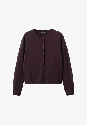 Cárdigan de punto de manga larga de color púrpura oscuro con cuello redondo y cierre frontal de botones.