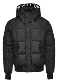Schwarze Pufferjacke mit Steppdesign, hohem Kragen, zwei Reißverschlusstaschen und gerippten Bündchen. Mit kontrastierender Schrift auf dem inneren Kragen.