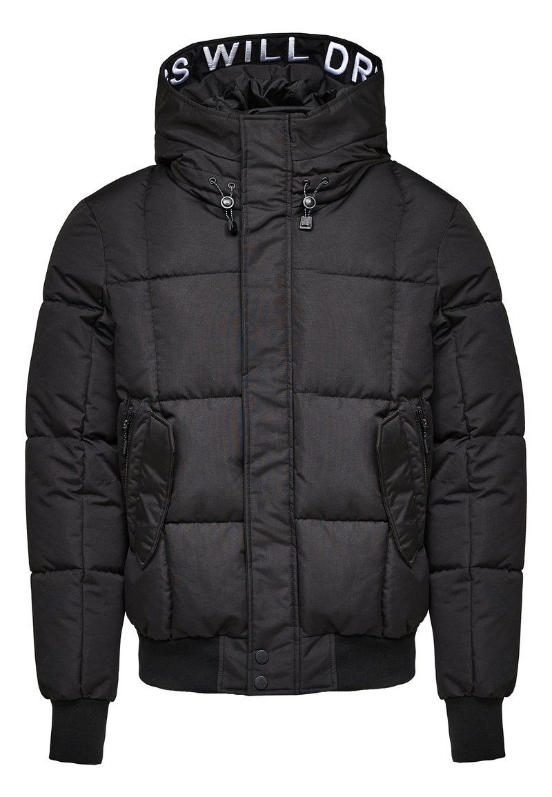Veste en duvet noire avec un design matelassé, col haut, poches à double zip et poignets côtelés. Présente un texte contrastant sur le col intérieur.