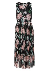 Floral Maxikleid mit schwarzem Hintergrund, mit plissiertem Stoff, ärmellosem Design und einem Schlüssel-Ausschnitt, verziert mit pastellpink und grünen Blumen.