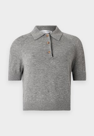 Gray short-sleeve polo shirt with a collared neckline, featuring three wooden buttons and ribbed cuffs. Soft knit fabric and cropped fit.