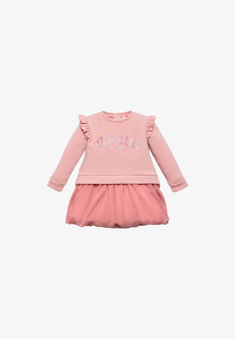 Vestido sudadera rosa con mangas rizadas, letras "CIRCUS" en impresión brillante y una suave falda de tul, con cintura elástica.