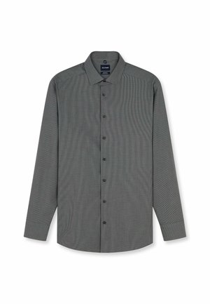 Long-sleeve men's dress shirt in dark gray with small check pattern, button front, and pointed collar, laid flat on white background.