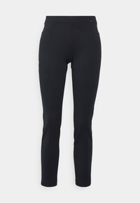 Zwarte, aansluitende broek gemaakt van rekbaar materiaal met een gladde textuur, voorzien van een hoge tailleband en taps toelopende pijpen voor een slanke silhouet.