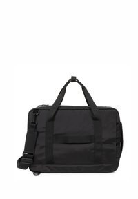 Sac de sport noir en tissu résistant, de forme rectangulaire, doté de doubles poignées supérieures, d'une bandoulière amovible et d'une poche avant.
