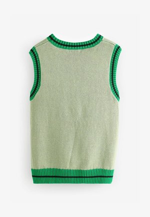 Világoszöld, ujjatlan kötött pulóver, zöld és fekete csíkos bordás nyakkivágással és szegéllyel. Sima textúra, letisztult dizájn.