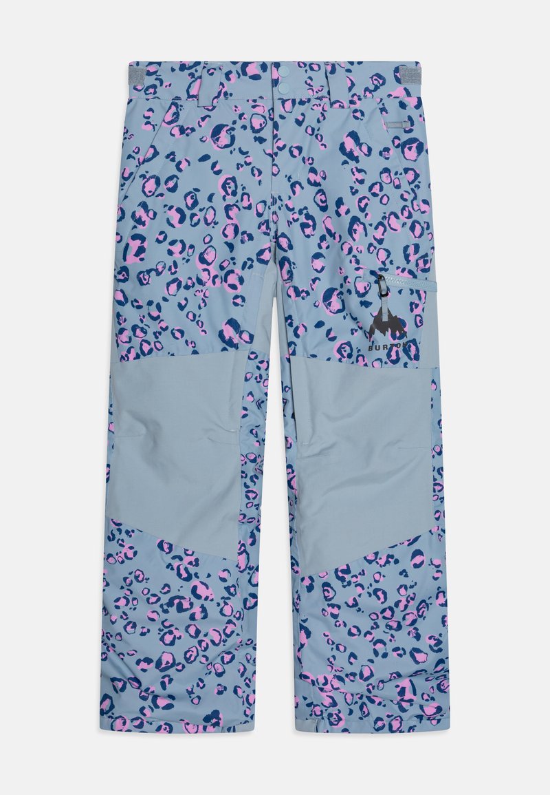 Pantaloni de zăpadă albaștri deschiși cu un imprimeu leopard în nuanțe de violet și roz, dotati cu multiple buzunare și un detaliu cu logo pe partea inferioară a piciorului.