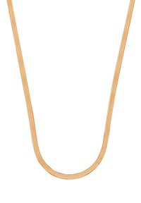 Złota metalowa naszyjnik o gładkim, płaskim, zaokrąglonym kształcie. Łańcuszek jest cienki i elastyczny, podkreślający minimalistyczną estetykę.