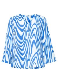 Bluză V cu guler în formă de V, albă și albastră, cu un model abstract în valuri; material moale și ușor; croială lejeră și mâneci tip clopot până la trei sferturi; neastimplată.