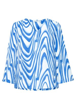 Blå och vit V-ringad blus med abstrakt vågmönster; mjukt, lätt material; lös passform och trekvarts ärmar med klockform; ofodrad.