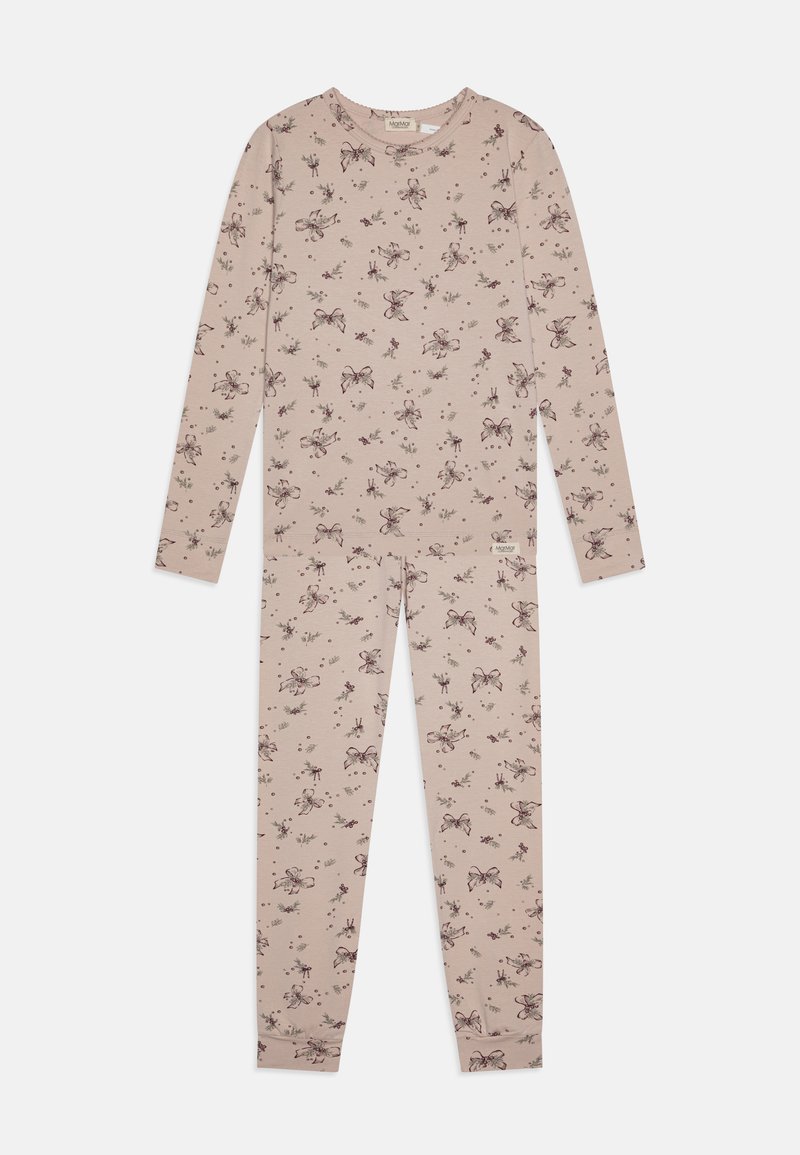 Mugursviedru pidžamu komplekts mīkstā bēšā audumā, ar ziedu rakstu, kurā ir rozā un purpura akcenti. Klasisks apaļš kakls un pieguļoši bikses.