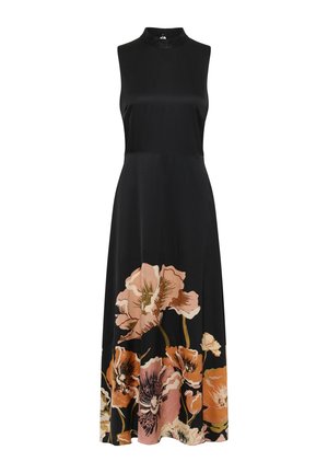 Juoda maxi suknelė be rankovių su aukštu kaklu, puošta dideliais rožinės ir oranžinės spalvų gėlių raštais apatinėje sijono dalyje.