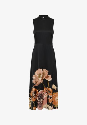 Juoda maxi suknelė be rankovių su aukštu kaklu, puošta dideliais rožinės ir oranžinės spalvų gėlių raštais apatinėje sijono dalyje.