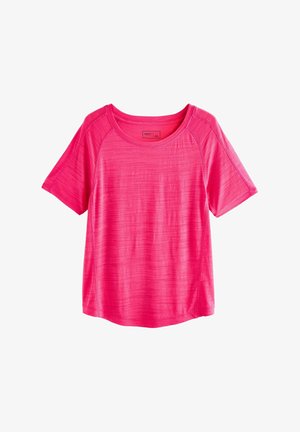 Hellpinkes T-Shirt mit kurzen Ärmeln, Rundhalsausschnitt, subtiler horizontaler Textur und legerer Passform, flach auf weißem Hintergrund präsentiert.