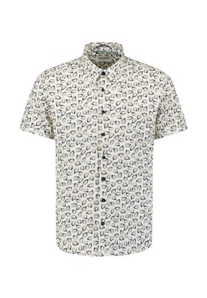 Korte mouwen shirt van witte stof met een herhaald schelp-patroon in blauwe en grijze tinten, voorzien van een klassieke kraag en een knoopsluiting aan de voorkant.