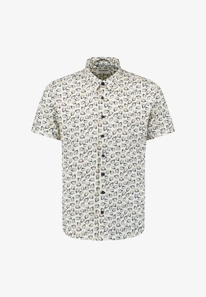 Korte mouwen shirt van witte stof met een herhaald schelp-patroon in blauwe en grijze tinten, voorzien van een klassieke kraag en een knoopsluiting aan de voorkant.