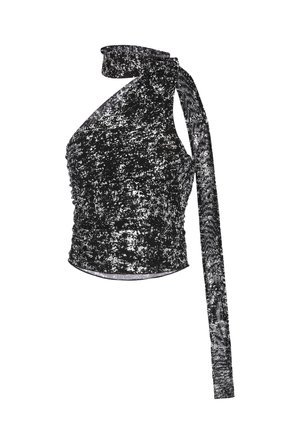 Czarnobiały prążkowany bezrękawnik na szyję z pojedynczym długim paskiem wiązanym wokół szyi i marszczonymi bokami.