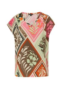 Kurzarmbluse aus leichtem Material mit einem geometrischen Blumenmuster in Pink, Grün, Braun und Orange auf hellem Hintergrund.