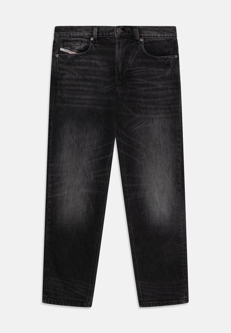 Jeans in denim nero con vestibilità comoda, leggera scoloritura e dettagli strappati nella parte anteriore. Design classico a cinque tasche con minuteria metallica.