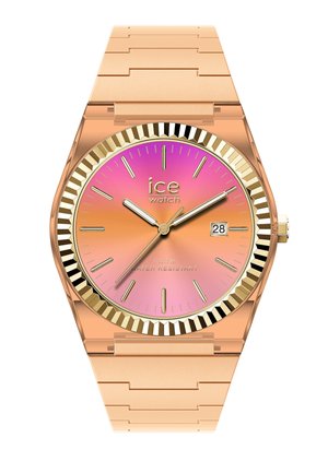 Orologio da polso in metallo color oro rosa con quadrante sfumato rosa-arancione, indici delle ore dorati, finestra della data alle 3 e logo "ice watch".