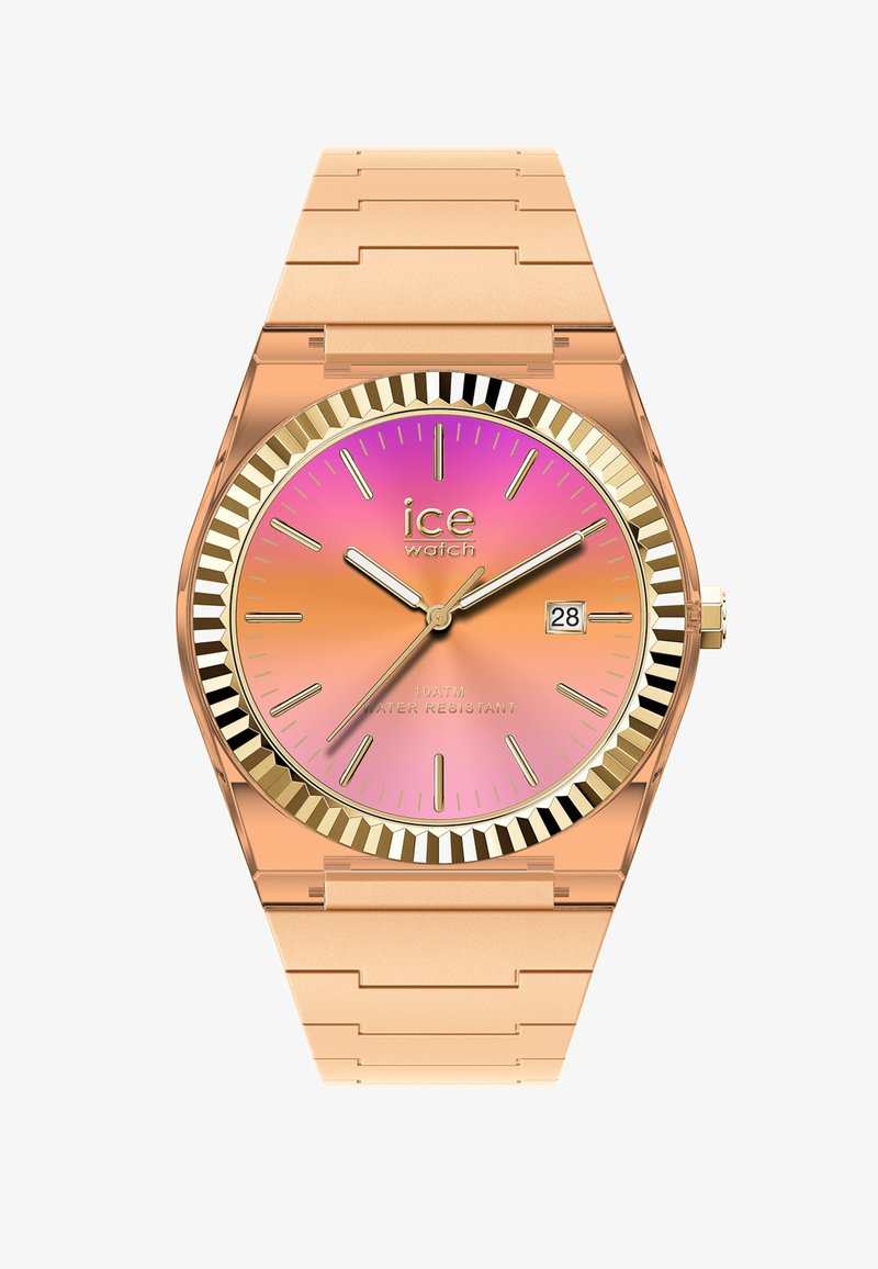 Montre-bracelet en métal or rose avec cadran dégradé rose-orange, index dorés, guichet date à 3 heures et logo "ice watch".