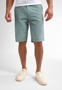Shorts en coton vert clair avec poches avant, fermeture à bouton et coupe décontractée ; associés à des baskets blanches et un t-shirt blanc uni.