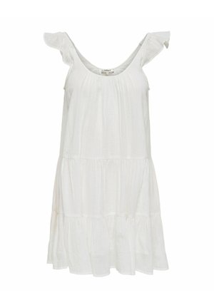 Balta, iki kelių siekianti suknelė, pagaminta iš lengvos medžiagos, su sluoksniuotu dizainu, raukšlėtomis rankovėmis ir apvaliu iškirpimu. Lygi, tekstūruota apdaila.