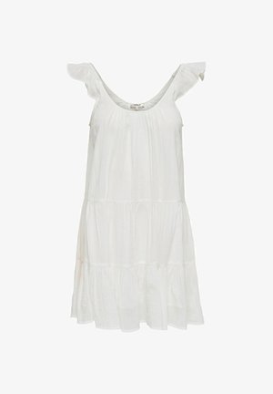 Hvit, knelangen kjole laget av lett stoff med lagdelt design, volangermarmer og rund hals. Jevn, strukturert overflate.
