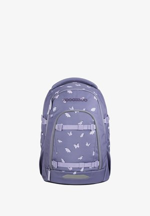 Purple backpack with butterfly patterns, zippered compartments, adjustable straps, and reinforced bottom. Sturdy fabric with a smooth texture.