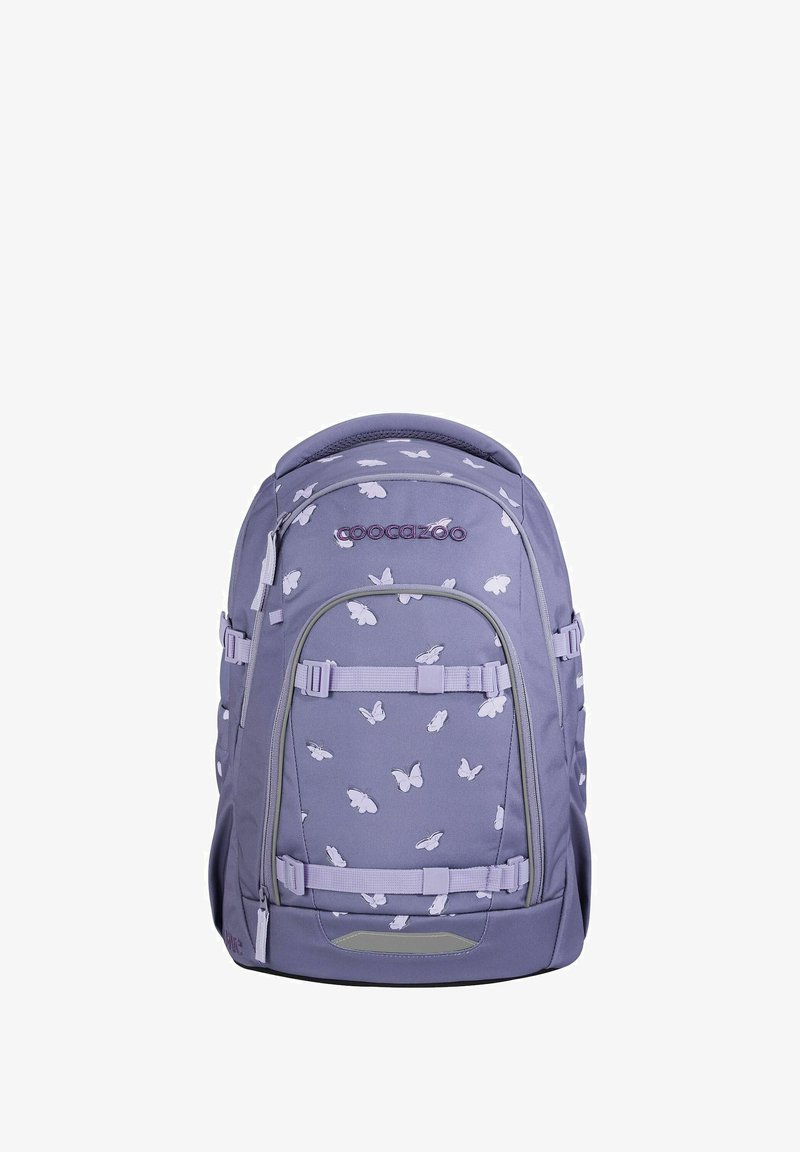 Sac à dos violet avec des motifs de papillons, compartiments zippés, bretelles réglables et fond renforcé. Tissu solide avec une texture lisse.