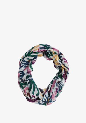 Sciarpa infinity in tessuto leggero con fantasie astratte di foglie colorate in verde, giallo, rosa e viola su sfondo bianco.