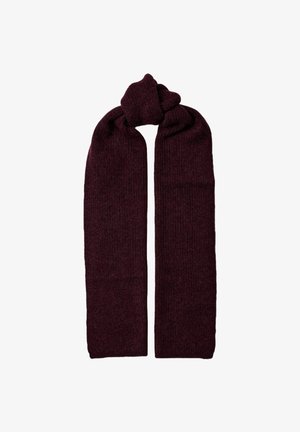 Burgundi värvi kootud sall ribatekstuuriga ja silmuspitsi ühe otsa peal. Pikk, ristkülikukujuline kuju, valmistatud pehmest kangast.
