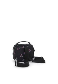Black fabric crossbody bag with floral pattern, rectangular shape, top handle, adjustable strap, and silver zipper hardware.
