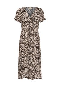 Kleid mit Leopardenmuster, V-Ausschnitt, kurzen Rüschelärmeln und Knopfleiste. Hergestellt aus leichtem Stoff, mit einem gestuften Saum.