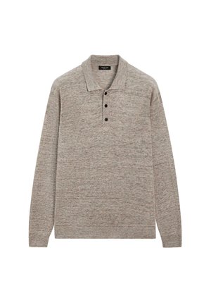 Langärmeliger Polo-Pullover in meliertem Grau mit drei schwarzen Knöpfen und kleinem Kragen, aus weichem Strickstoff.