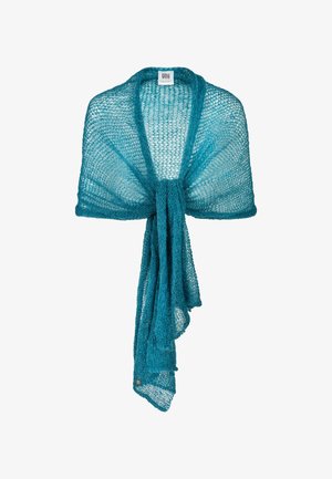 Turkusowy wełniany szalik z otwartym splotem, z zawiązywaniem z przodu i zwisającymi końcami. Miękka tekstura i lekki, przewiewny wygląd.