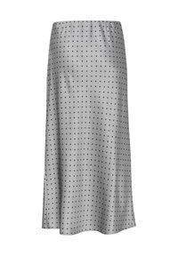 Falda de satén gris con lunares negros, cintura elástica, diseño fluido, a la altura de las rodillas, textura suave y un brillo sutil.