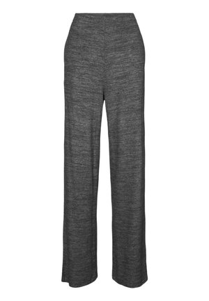 Ciemnoszare, dzianinowe spodnie o szerokich nogawkach z wysokim stanem i miękką, fakturowaną tkaniną, prezentowane na białym tle.