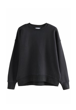 Zwarte sweatshirt met een ronde halslijn, verlaagde schouders en ribgebreide mouwen. De stof is glad met een ontspannen pasvorm en een verkorte zoom.