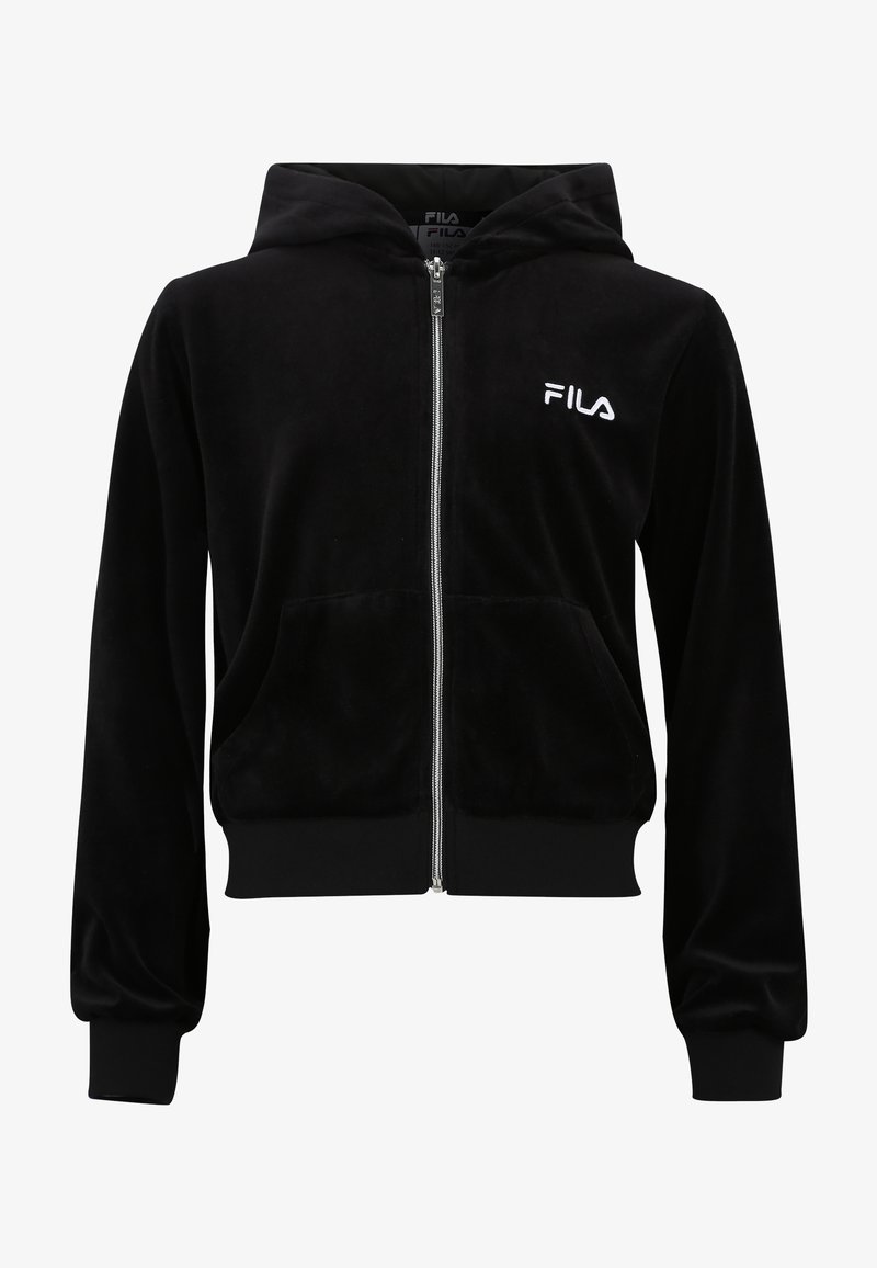 Hoodie zip-up en velours noir avec une poche avant, des poignets côtelés et une taille côtelée. Présente un logo FILA blanc sur la poitrine gauche. Texture lisse.