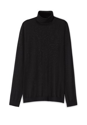 Maglione a collo alto di colore nero realizzato in un morbido tessuto a maglia leggera. Presenta maniche lunghe, un collo alto e una vestibilità rilassata con bordo a coste.
