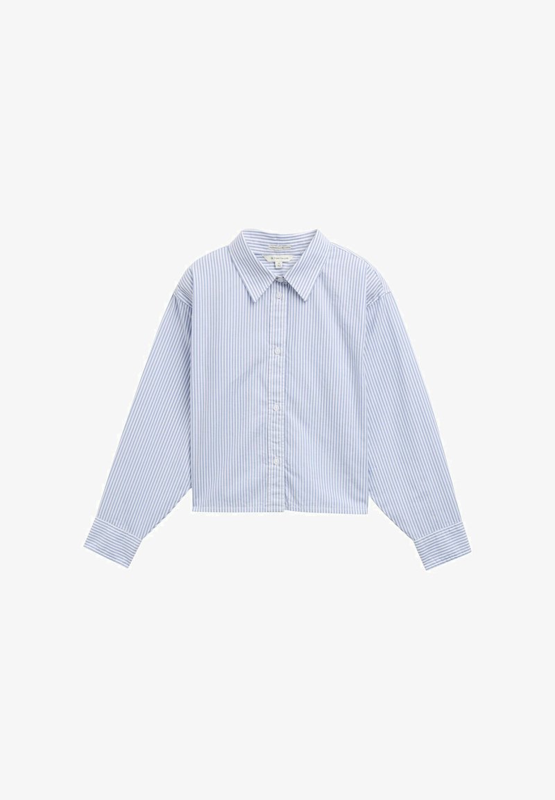Cropped button-up shirt in light blue with white vertical stripes; features a classic collar and long sleeves with cuff detailing.